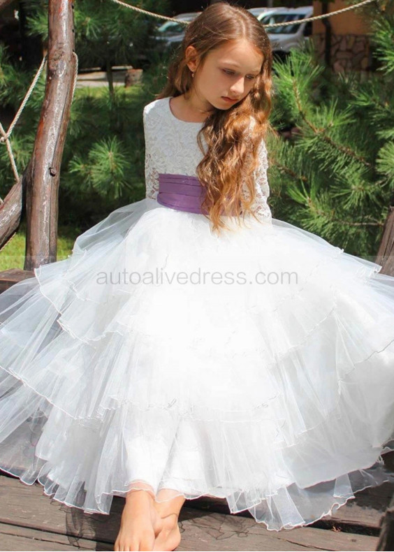 Ivory Lace Tulle Tiered Flower Girl Dress With Purple Belt